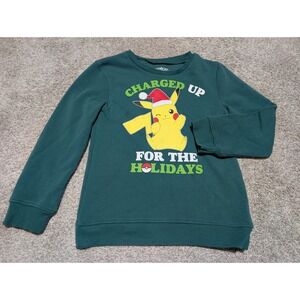 Pokemon Sweatshirt Kids M Green Pikachu Charged Up‎ For The Holidays Pullover